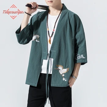 100% хлопок, Кимоно Хаори с вышивкой журавля, Японский стиль, Мужской костюм Самурая, Юката, Азиатская одежда, Кардиган, Женская куртка