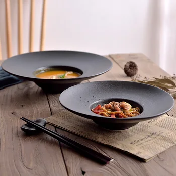 12-дюймовая тарелка для ужина в форме соломенной шляпы в скандинавском стиле, бытовая керамика, ретро-черная тарелка для салата из пасты с глазурью, ресторанные принадлежности