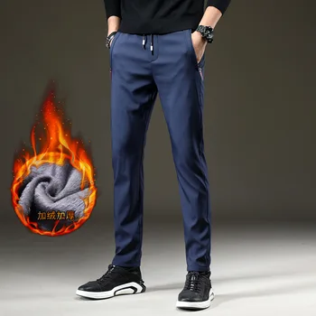 2020 Мужские зимние флисовые теплые брюки мужские Корейские повседневные брюки Тонкие теплые толстые брюки для мужчин модные Черные серые синие брюки мужские