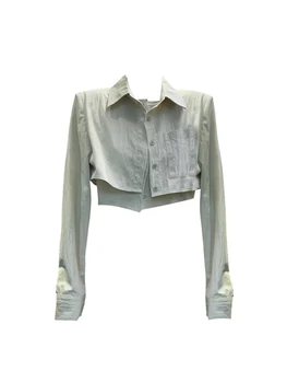 2023 Мода в корейском стиле, женская укороченная рубашка в стиле ретро, поддельные Женские блузки с лацканами в стиле пэчворк, Винтажный Сплошной цвет, Простой Шик