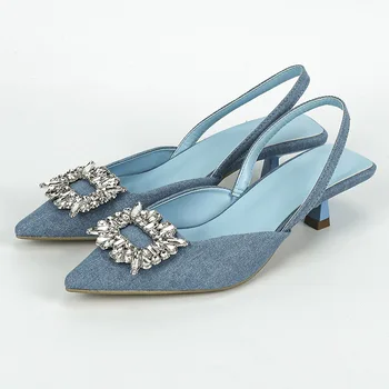 2023 Новый бренд, Женские Джинсовые сандалии с синим ремешком сзади, Женские туфли-лодочки на низком каблуке, черные туфли-лодочки с кристаллами на мелкой подошве
