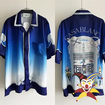 2023ss Шелковая рубашка с художественным принтом Casablanca на привокзальной площади, мужские женские синие Гавайские пляжные рубашки