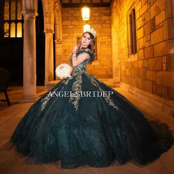 Angelsbridep Черно-Зеленое Бальное Платье Quinceanera Dresses 2023 Vestidos De 15 Años С Золотыми Аппликациями Вечернее Вечернее Платье