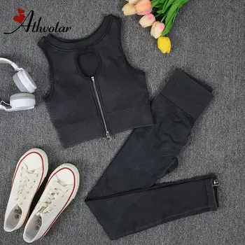ATHVOTAR, 2 предмета, женские комплекты для йоги, черная спортивная одежда для женщин 2022, спортивная одежда на молнии, тренировочные костюмы для фитнеса, комплект для спортзала, бесшовный