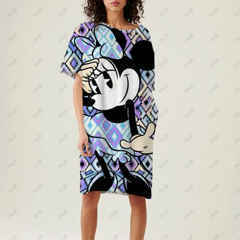 Disney Minnie Женское Повседневное Свободное однотонное платье-футболка с круглым вырезом, мини-платье с круглым вырезом и коротким рукавом, Повседневные основы