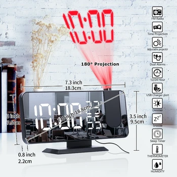 FM-радио Светодиодный цифровой будильник с термометром влажности, двойной будильник с отключением звука, электронные настольные цифровые часы с проекцией на 180 °