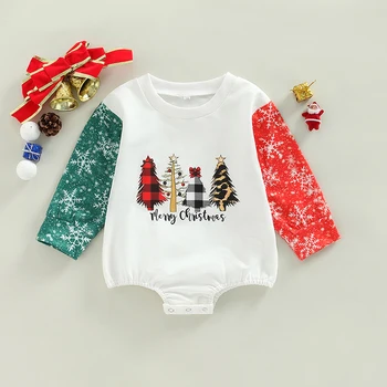 FOCUSNORM/ Рождественские комбинезоны в стиле пэчворк для маленьких девочек и мальчиков 0-24 м с принтом рождественских елок, комбинезоны с длинными рукавами в стиле пэчворк