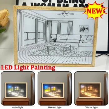 INS Deco Led Light Painting USB-штекер с затемнением Настенных рисунков, Настольная лампа в подарок, Солнечное окно в помещении, Деревянная фотография, Ночная Подсветка