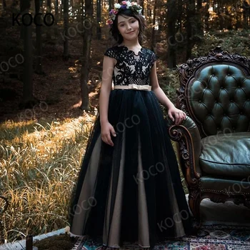 JONANY/ Черные платья с цветочным узором для девочек, свадебные платья для вечеринки в честь дня рождения принцессы, бальное платье без рукавов с двойным V-образным вырезом и кружевными аппликациями для девочек