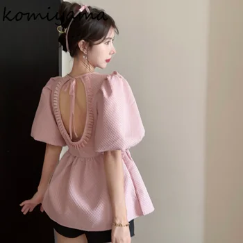 Komiyama Feminino Рубашки с открытой спиной, блузки, блузки-грибки на шнуровке, женские рубашки с круглым вырезом и пышными рукавами, топы, летняя одежда для женщин