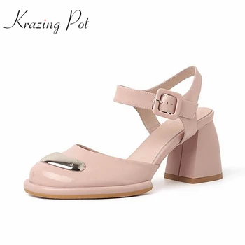 Krazing Pot 2023, платформа из коровьей кожи, Высокие каблуки, круглый носок, Летняя элегантная обувь, Модные металлические застежки, Брендовые женские туфли-лодочки