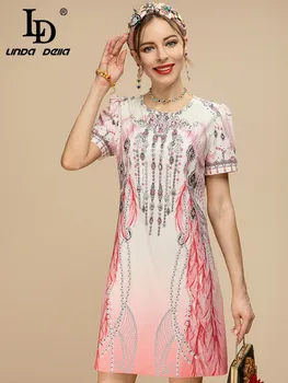 LD LINDA DELLA 2023, Новое модное дизайнерское летнее мини-платье, женское короткое платье с коротким рукавом, Великолепное Розовое короткое платье с принтом из хрустальных бусин