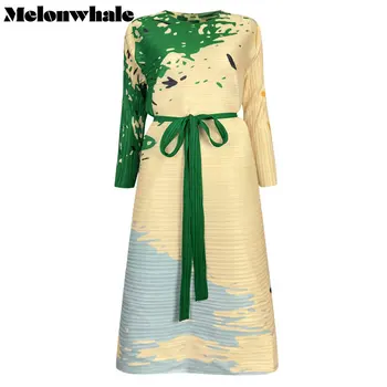 MelonWhale Для женщин, Винтажное повседневное платье с плиссированным принтом Miyak, Новый Круглый вырез, длинный рукав, свободный крой, мода Весна Лето 2023