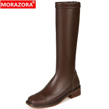 MORAZORA 2022 Новое поступление Зимних ботинок до колена на молнии из натуральной кожи с квадратным носком, современные женские туфли на среднем квадратном каблуке
