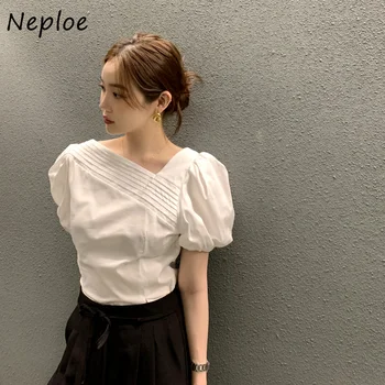 Neploe Корейская шикарная блузка Женская 2023 Летняя Элегантная Темпераментная блузка с плиссированным дизайном и пышными рукавами, Простая повседневная однотонная рубашка
