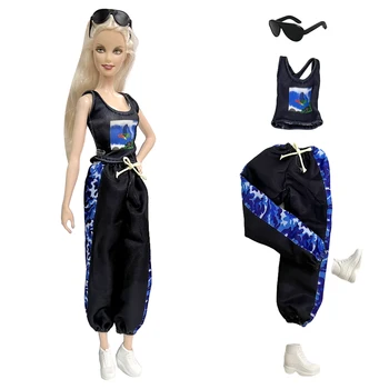 NK 4 предмета/ комплект, повседневная спортивная одежда черного цвета, Жилет + брюки + Очки + обувь, Повседневная одежда для куклы Барби, Аксессуары, игрушки