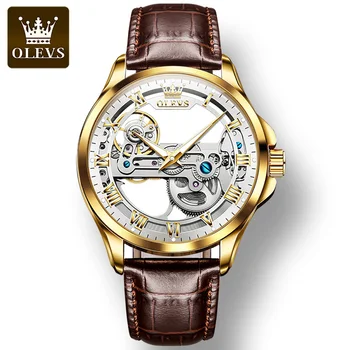 OLEVS 6661, водонепроницаемые мужские наручные часы с полой резьбой, повседневный ремешок из натуральной кожи, автоматические Механические часы для мужчин, светящиеся
