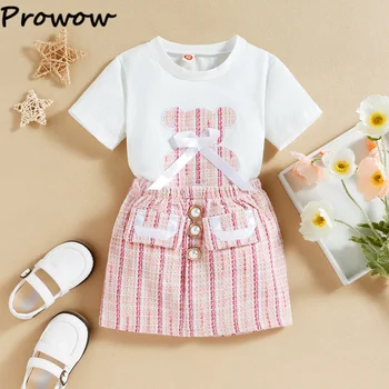 Prowow/ Детская одежда из твида от 2 до 6 лет, платье для девочек, Розовый топ с мишкой в клетку + юбки с карманами на пуговицах, Летняя одежда для маленьких детей, наряды