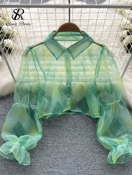 SINGREINY Женская модная прозрачная солнцезащитная рубашка С длинными рукавами, летний свободный солнцезащитный короткий топ, Прозрачная сетчатая клетчатая сексуальная блузка
