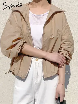 Syiwidii Куртки с капюшоном и молниями для женщин 2023, Модная Весенняя повседневная Тонкая куртка с длинным рукавом, Шикарная Винтажная Однотонная свободная верхняя одежда