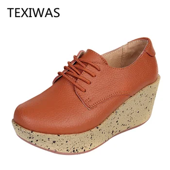 TEXIWAS Женские туфли на танкетке из натуральной кожи на высоком каблуке, женская повседневная обувь на платформе, женские тонкие туфли на танкетке, женские туфли-лодочки