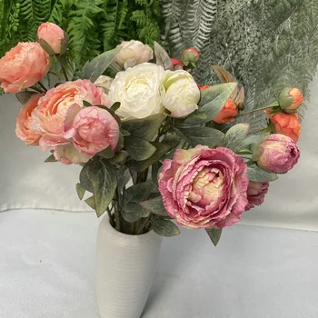 TONGFENG Simulation Пионовидная роза с 3 головками, украшение свадебной фотостудии, гостиной, отеля, Букет из искусственных шелковых цветов на стене