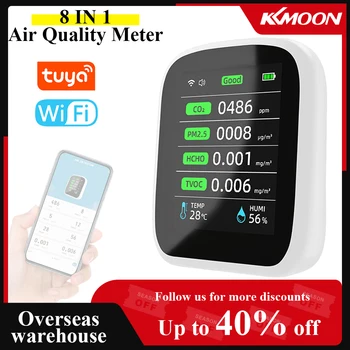 Tuya Wifi 8 в 1 Измеритель качества воздуха PM1.0 PM2.5 PM10 CO2 TVOC HCHO Тестер температуры и влажности Цветной ЖК-экран