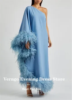 Verngo Синий/бежевый Прямое вечернее платье из крепа с перьями, пышное платье на одно плечо с длинным рукавом, Дубай, арабские женские платья для выпускного вечера