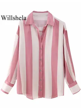 Willshela, женская модная однобортная блузка в атласную полоску, винтажная блузка с отворотом и длинными рукавами, женские шикарные женские рубашки