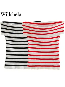 Willshela, женские модные трикотажные укороченные топы в полоску, винтажные топы без бретелек с вырезом лодочкой, шикарные женские топы