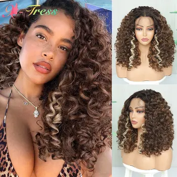 X-TRESS Упругий кудрявый парик Синтетические парики на кружеве спереди для чернокожих женщин 16-дюймовые черные смешанные коричневые парики из средней части кружевных волос