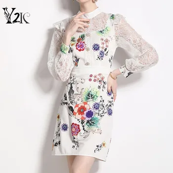 Y2K дизайнерская одежда, кружевные мини-платья в стиле пэчворк с цветочным принтом, для женщин, элегантное вечернее платье для леди с длинным рукавом, халаты