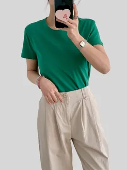 Базовая футболка из эластичного хлопка с коротким рукавом и круглым вырезом, простые повседневные футболки, Бесплатная доставка