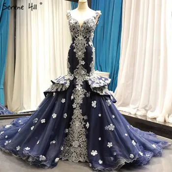 Безмятежный холм Темно-синие цветы ручной работы свадебное платье русалки 2023 без рукавов с V-образным вырезом сексуальное свадебное платье на заказ CHM66711