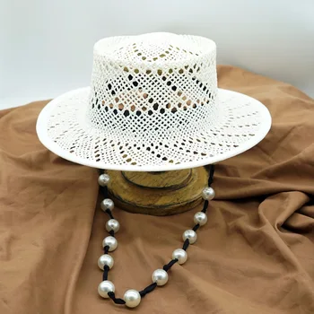 Белая панама ручной работы, женская летняя шляпа с жемчужной цепочкой, открытая летняя шляпа, соломенная шляпа для отдыха, пляжная шляпа для путешествий, канотье