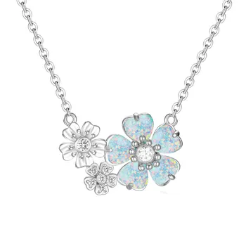Бело-голубое ожерелье с камнем-опалом, Элегантное ожерелье с подвеской в виде цветка, Розовое золото, Серебряные цепочки, ожерелья для женщин, свадебные украшения