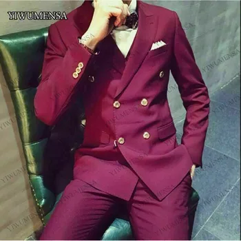 Винно-красный Приталенный Двубортный деловой блейзер 2021 года, куртка со штанами, комплект из 2 предметов, Свадебные костюмы, мужская одежда Для жениха