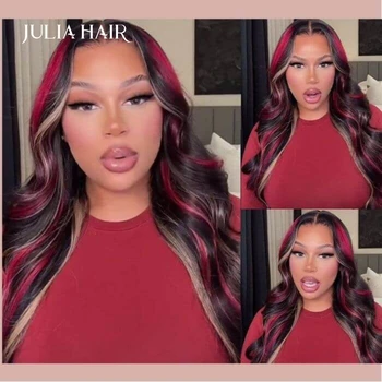Волосы Джулии Черные с красными и светлыми бликами, предварительно выщипанные 13х4 Кружевные фронтальные многоцветные блики, парики из человеческих волос свободной волны.