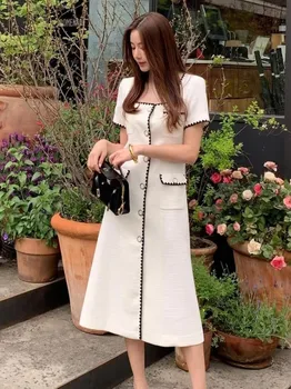 Высококачественное Твидовое платье, Женские летние Однобортные длинные платья с квадратным вырезом и коротким рукавом, Корейская мода, Уличная одежда, Vestidos