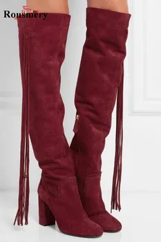 Высококачественные Женские модные сапоги до колена с круглым носком и кисточками на толстом каблуке, новейшие сексуальные сапоги на высоком каблуке с длинной бахромой