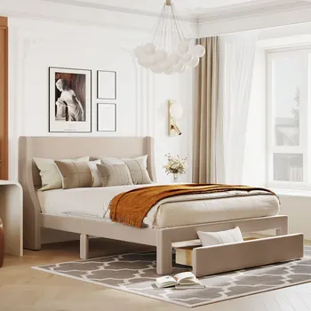 Двуспальная кровать для хранения вещей, обитая бархатом кровать-платформа с большим выдвижным ящиком
