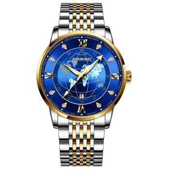 Деловой Круглый кварцевый циферблат с рисунком Земли, водонепроницаемый Календарь, ремешок из нержавеющей стали, модные часы, кварцевые наручные часы для мужчин