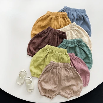 Детские хлопчатобумажные льняные шаровары, свободные однотонные мягкие шорты для маленьких девочек и мальчиков, модная домашняя детская одежда, Корейские короткие штаны