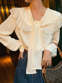 Женская Весенне-осенняя однотонная блузка с длинным рукавом, элегантный топ с воротником 