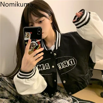 Женская куртка Nomikuma Весна Осень Контрастного Цвета В стиле Пэчворк С Буквенным Принтом Chaqueta Mujer Harajuku Street В стиле Панк Veste Femme