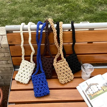 Женская мини-сумка для телефона, сплетенная из хлопчатобумажной веревки ручной работы, вязаный крючком кошелек для мобильного телефона, женская сумка-слинг из Макраме через плечо.