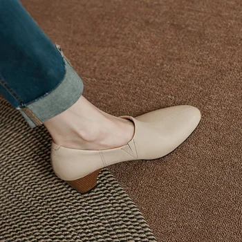Женская обувь Женские кожаные туфли-лодочки без застежки, женская обувь во французском стиле с круглым носком, женские туфли-лодочки в стиле ретро 5,5 см, весна-осень, на толстом каблуке