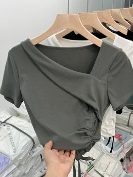Женская футболка с короткими рукавами Y2k, однотонный топ на шнуровке, Корейская винтажная мода, трендовая футболка Harajuku, эстетика, летняя футболка 2023