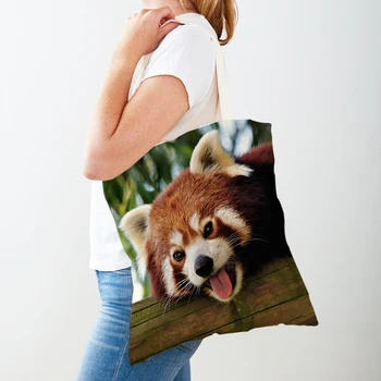 Женская холщовая сумка с милой красной пандой, многоразовые двухсторонние складные сумки для девочек, дорожные сумки с дикими животными, женские сумки для путешествий