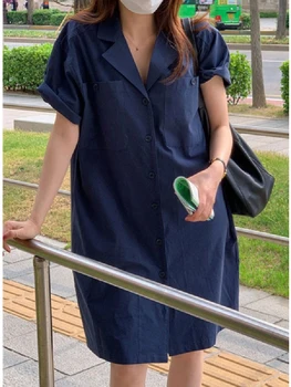 Женские короткие платья, Корейское шикарное летнее Французское простое однобортное платье-рубашка с воротником, свободное повседневное платье-рубашка с короткими рукавами